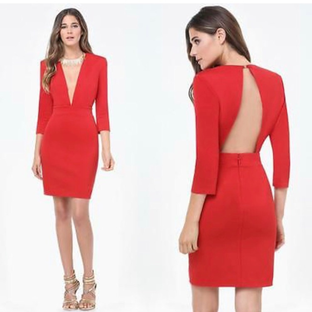 Bebe Dress Deep V Neck Ponte red mini 3/4 bodycon
